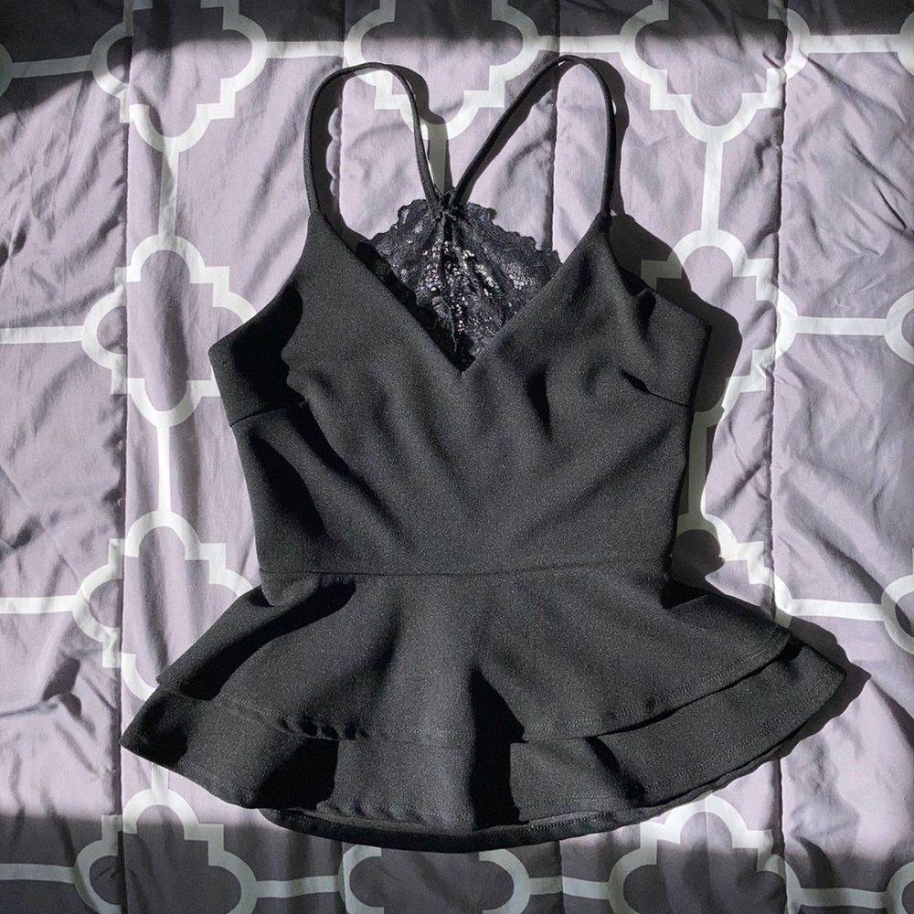 O’Delilah Black Peplum Tank Top w/ Open&Lace Back